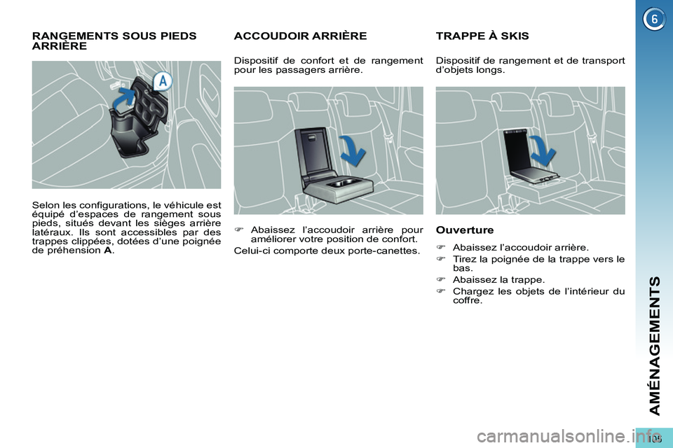 PEUGEOT 3008 2011.5  Manuel du propriétaire (in French) 105
AMÉNAGEMENTS
ACCOUDOIR ARRIÈRETRAPPE À SKIS
   
Ouverture 
 
 
 
�) 
  Abaissez l’accoudoir arrière. 
   
�) 
  Tirez la poignée de la trappe vers le 
bas. 
   
�) 
  Abaissez la trappe. 
 