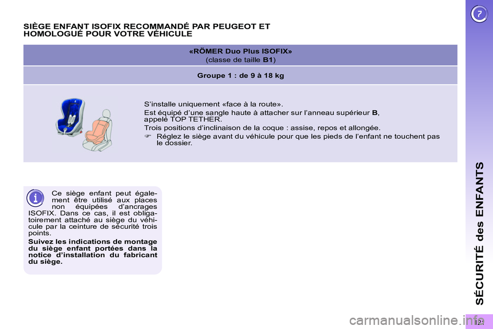 PEUGEOT 3008 2011.5 Manuel du propriétaire (in French) 121
SÉCURITÉ des ENFANTS
Ce siège enfant peut égale-
ment être utilisé aux places
non équipées d’ancrages
ISOFIX. Dans ce cas, il est obliga-
toirement attaché au siège du véhi-
cule PEUGEOT 3008 2011.5 Manuel du propriétaire (in French) 121
SÉCURITÉ des ENFANTS
Ce siège enfant peut égale-
ment être utilisé aux places
non équipées d’ancrages
ISOFIX. Dans ce cas, il est obliga-
toirement attaché au siège du véhi-
cule