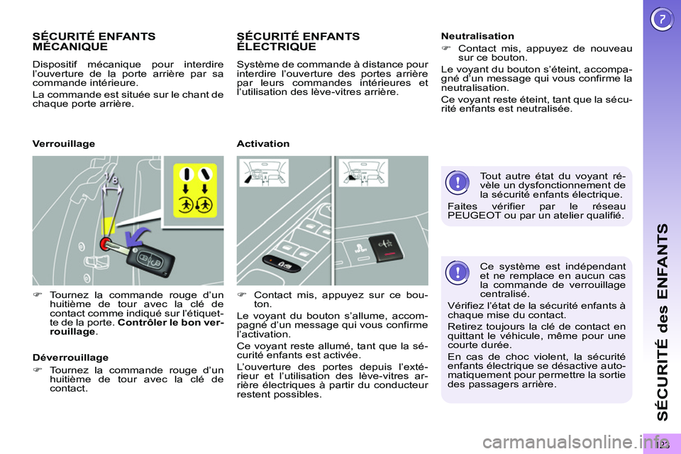 PEUGEOT 3008 2011.5 Manuel du propriétaire (in French) 123
SÉCURITÉ des ENFANTS
Ce système est indépendant
et ne remplace en aucun cas
la commande de verrouillage
centralisé.
Vérifiez l’état de la sécurité enfants Ã
chaque mise du c PEUGEOT 3008 2011.5 Manuel du propriétaire (in French) 123
SÉCURITÉ des ENFANTS
Ce système est indépendant
et ne remplace en aucun cas
la commande de verrouillage
centralisé.
Vérifiez l’état de la sécurité enfants Ã
chaque mise du c
