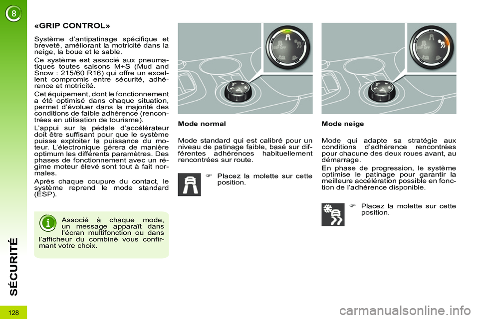 PEUGEOT 3008 2011.5  Manuel du propriétaire (in French) 128
SÉ
C
«GRIP CONTROL»
   
Mode normal 
   
 
�) 
  Placez la molette sur cette 
position.  
    
Mode neige    Système d’antipatinage spécifique et 
breveté, améliorant la motricité dans l