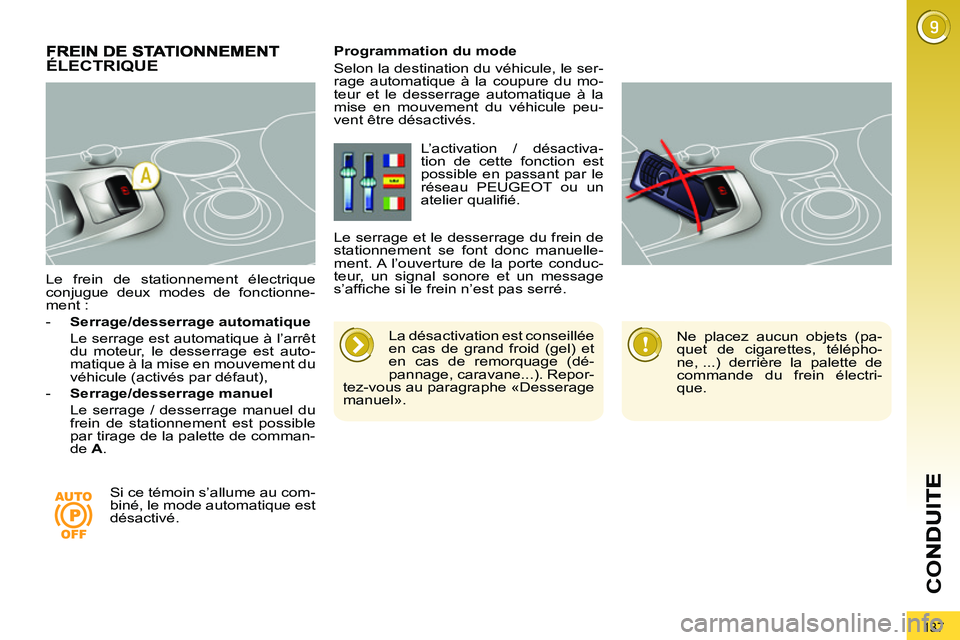 PEUGEOT 3008 2011.5  Manuel du propriétaire (in French) 137
CO
   
Le frein de stationnement électrique 
conjugue deux modes de fonctionne-
ment : 
   
 
-   Serrage/desserrage automatique 
   
  Le serrage est automatique à l’arrêt 
du moteur, le des