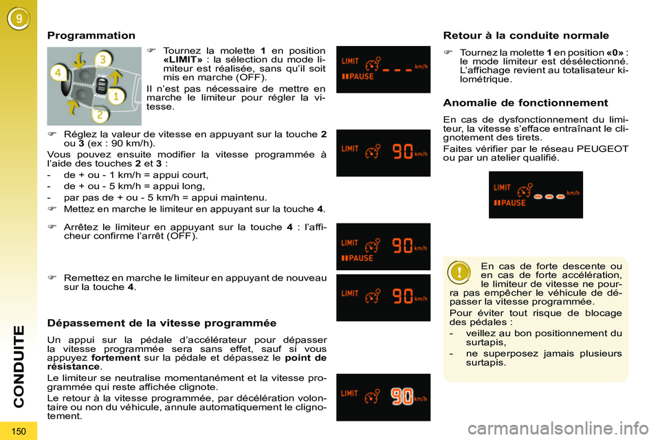 PEUGEOT 3008 2011.5  Manuel du propriétaire (in French) 150
CO
   
En cas de forte descente ou 
en cas de forte accélération, 
le limiteur de vitesse ne pour-
ra pas empêcher le véhicule de dé-
passer la vitesse programmée. 
  Pour éviter tout risqu