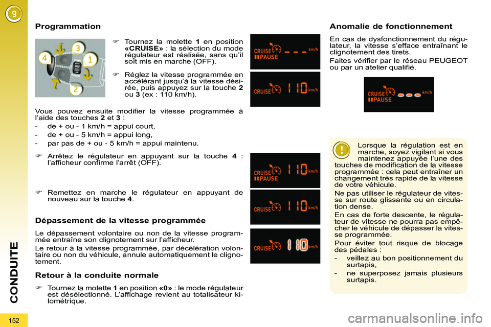 PEUGEOT 3008 2011.5  Manuel du propriétaire (in French) 152
CO
  Lorsque la régulation est en 
marche, soyez vigilant si vous 
maintenez appuyée l’une des 
touches de modification de la vitesse 
programmée : cela peut entraîner un 
changement très r