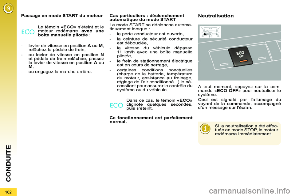 PEUGEOT 3008 2011.5  Manuel du propriétaire (in French) 162
CO
   
Passage en mode START du moteur 
  Le témoin  «ECO» 
 s’éteint et le 
moteur redémarre  avec une 
boîte manuelle pilotée 
 : 
   
 
-   levier de vitesse en position  A 
 ou  M 
, 