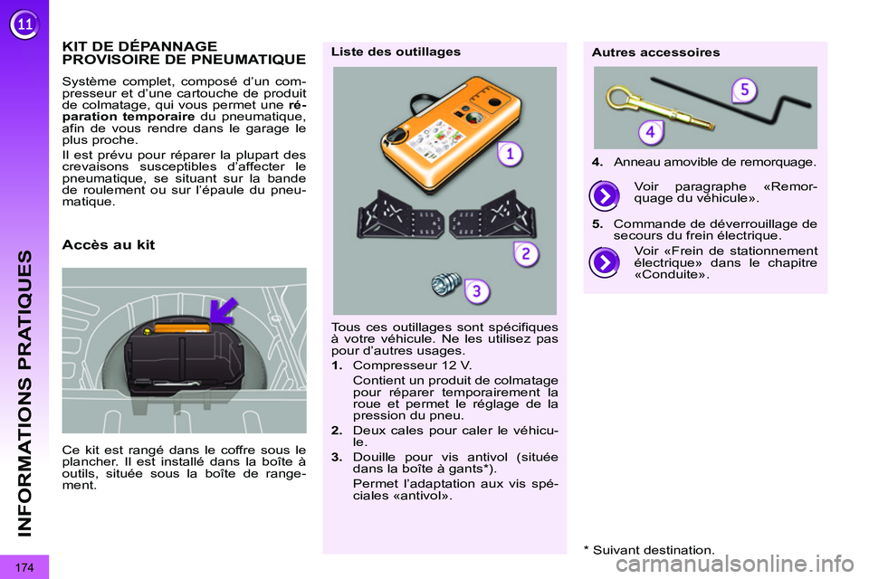 PEUGEOT 3008 2011.5  Manuel du propriétaire (in French) 174
INFORMATIONS PRATIQUES
KIT DE DÉPANNAGE PROVISOIRE DE PNEUMATIQUE
  Ce kit est rangé dans le coffre sous le 
plancher. Il est installé dans la boîte à 
outils, située sous la boîte de range