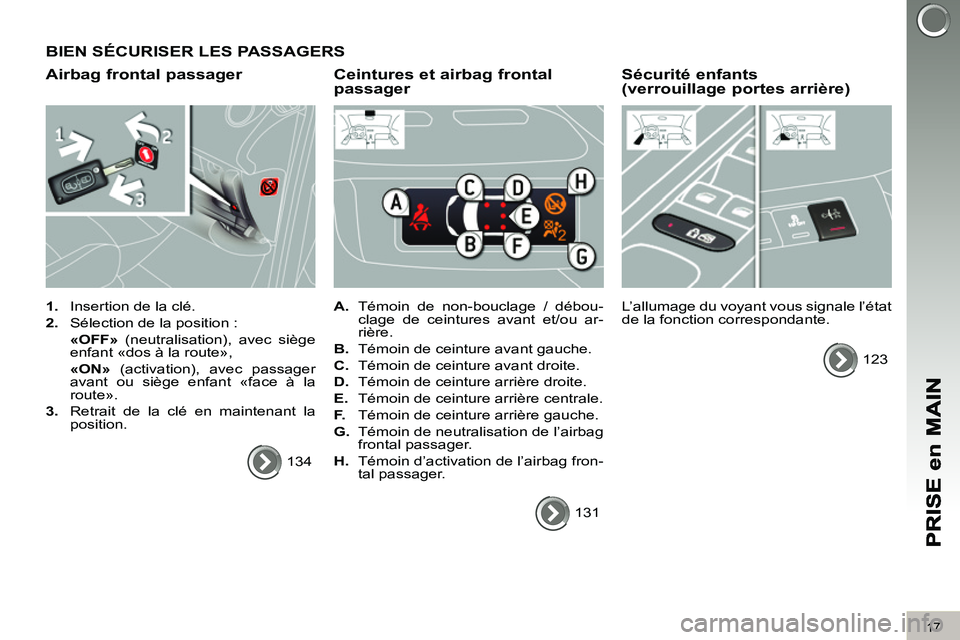 PEUGEOT 3008 2011.5 Manuel du propriétaire (in French) 17
BIEN SÉCURISER LES PASSAGERS
Airbag frontal passager
1.
Insertion de la clé.
2.
Sélection de la position :
«OFF»
(neutralisation), avec siège
enfant «dos à la route PEUGEOT 3008 2011.5 Manuel du propriétaire (in French) 17
BIEN SÉCURISER LES PASSAGERS
Airbag frontal passager
1.
Insertion de la clé.
2.
Sélection de la position :
«OFF»
(neutralisation), avec siège
enfant «dos à la route