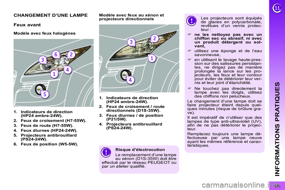 PEUGEOT 3008 2011.5  Manuel du propriétaire (in French) 185
INFORMATIONS PRATIQUES
   
Risque d’électrocution 
  Le remplacement d’une lampe 
au xénon (D1S-35W) doit être 
effectué par le réseau PEUGEOT ou 
par un atelier qualifié.  
 
CHANGEMENT