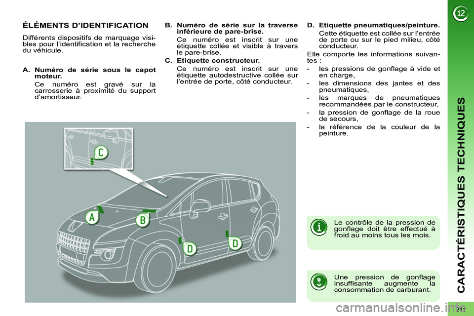 PEUGEOT 3008 2011.5 Manuel du propriétaire (in French) 211
CARACTÉRISTIQUES TECHNIQUES
ÉLÉMENTS D’IDENTIFICATION
Différents dispositifs de marquage visi-
bles pour l’identification et la recherche
du véhicule.
Une pression de gonflage
i PEUGEOT 3008 2011.5 Manuel du propriétaire (in French) 211
CARACTÉRISTIQUES TECHNIQUES
ÉLÉMENTS D’IDENTIFICATION
Différents dispositifs de marquage visi-
bles pour l’identification et la recherche
du véhicule.
Une pression de gonflage
i