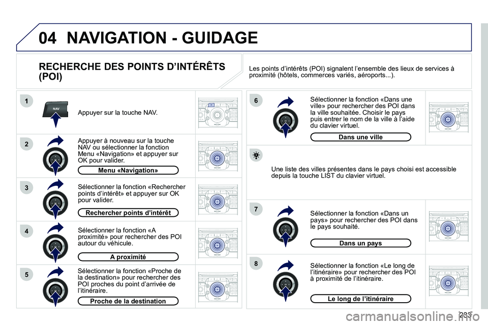 PEUGEOT 3008 2011.5  Manuel du propriétaire (in French) 233
04
NAV
3
4
6
7
8
2
5
2ABC3DEF5JKL4GHI6MNO8TUV7PQRS9WXYZ0*#
1RADIO MEDIANAV ESC TRAFFIC
SETUPADDR
BOOK
2ABC3DEF5JKL4GHI6MNO8TUV7PQRS9WXYZ0*#
1RADIO MEDIANAV ESC TRAFFIC
SETUPADDR
BOOK
2ABC3DEF5JKL4