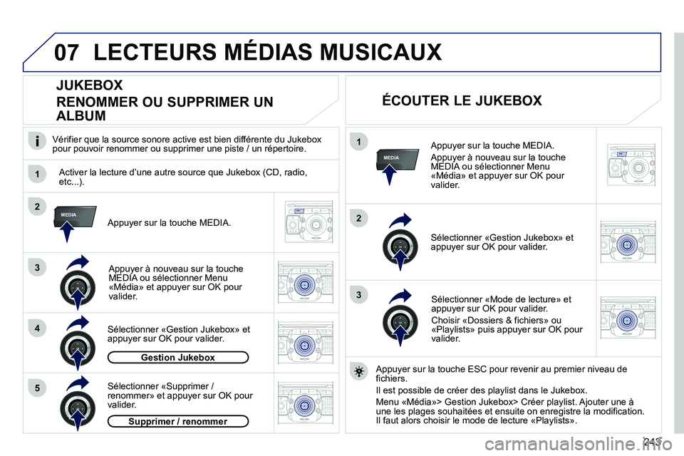 PEUGEOT 3008 2011.5  Manuel du propriétaire (in French) 243
07
1
4
1
2
3
MEDIA2
3
5
MEDIA
2ABC3DEF5JKL4GHI6MNO8TUV7PQRS9WXYZ0*#
1RADIO MEDIANAV ESC TRAFFIC
SETUPADDR
BOOK
2ABC3DEF5JKL4GHI6MNO8TUV7PQRS9WXYZ0*#
1RADIO MEDIANAV ESC TRAFFIC
SETUPADDR
BOOK
2ABC