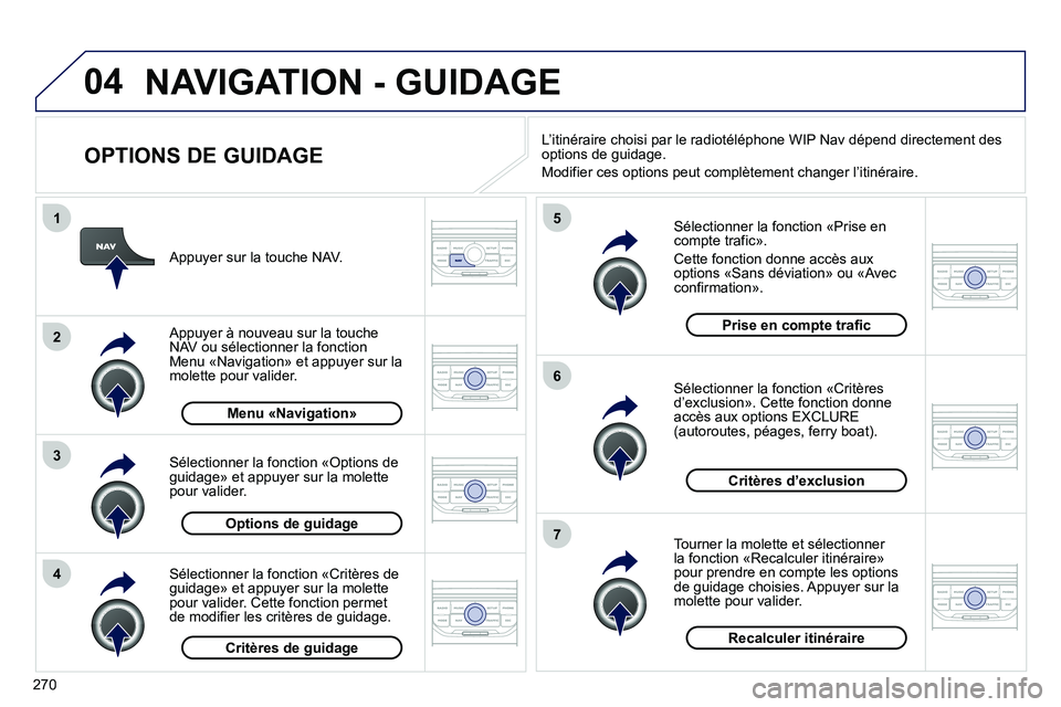 PEUGEOT 3008 2011.5 Manuel du propriétaire (in French) 270
04
4
3
2
1
7
6
5
NAVIGATION - GUIDAGE
OPTIONS DE GUIDAGE
Sélectionner la fonction «Prise en compte trafic».
Cette fonction donne accès aux
options «Sans déviation» ou «Avecconfirm PEUGEOT 3008 2011.5 Manuel du propriétaire (in French) 270
04
4
3
2
1
7
6
5
NAVIGATION - GUIDAGE
OPTIONS DE GUIDAGE
Sélectionner la fonction «Prise en compte trafic».
Cette fonction donne accès aux
options «Sans déviation» ou «Avecconfirm