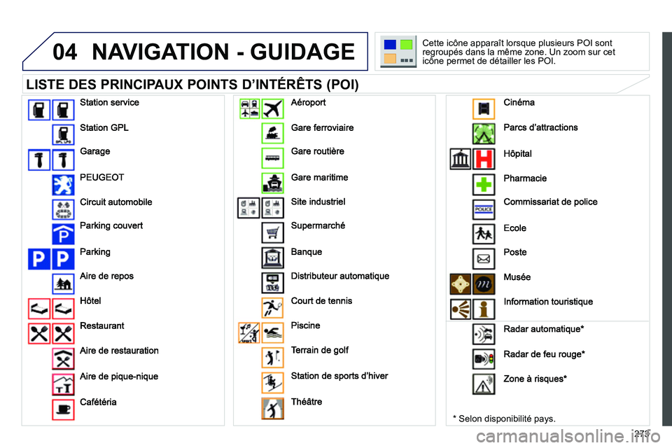 PEUGEOT 3008 2011.5 Manuel du propriétaire (in French) 273
04NAVIGATION - GUIDAGE
LISTE DES PRINCIPAUX POINTS D’INTÉRÊTS (POI)
*
Selon disponibilité pays. Cette icône a
pparaît lorsque plusieurs POI sont regroupés dans la même zone. Un PEUGEOT 3008 2011.5 Manuel du propriétaire (in French) 273
04NAVIGATION - GUIDAGE
LISTE DES PRINCIPAUX POINTS D’INTÉRÊTS (POI)
*
Selon disponibilité pays. Cette icône a
pparaît lorsque plusieurs POI sont regroupés dans la même zone. Un