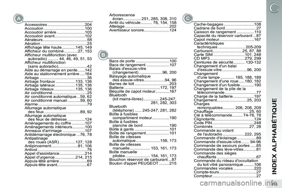 PEUGEOT 3008 2011.5  Manuel du propriétaire (in French) 315
INDEX ALPHABÉTIQUE
A
BC
Accessoires ................................204
Accoudoir....................................100
Accoudoir arrière ........................105
Accoudoir avant ...........