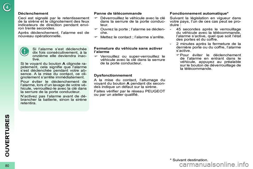 PEUGEOT 3008 2011.5 Manuel du propriétaire (in French) 80
OU
V
Déclenchement
Ceci est signalé par le retentissement
de la sirène et le clignotement des feux
indicateurs de direction pendant envi-
ron trente secondes.
Après déclenchement, PEUGEOT 3008 2011.5 Manuel du propriétaire (in French) 80
OU
V
Déclenchement
Ceci est signalé par le retentissement
de la sirène et le clignotement des feux
indicateurs de direction pendant envi-
ron trente secondes.
Après déclenchement,