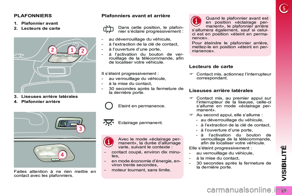 PEUGEOT 3008 2011.5  Manuel du propriétaire (in French) 97
VIS
PLAFONNIERS 
   
 
1. 
  Plafonnier avant 
 
   
2. 
  Lecteurs de carte 
 
   
3. 
  Liseuses arrière latérales 
 
   
4. 
  Plafonnier arrière 
 
 
 
 
Plafonniers avant et arrière 
 
Dan