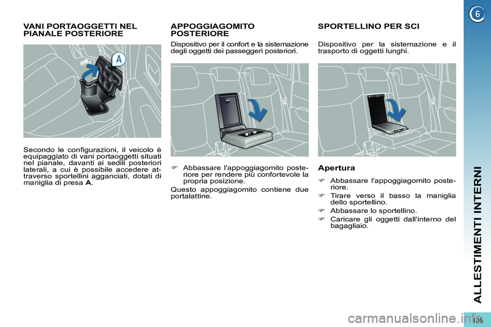 PEUGEOT 3008 2011.5  Manuale duso (in Italian) 105
ALLESTIMENTI INTERNI
   
 
 
 
 
 
 
 
APPOGGIAGOMITO 
POSTERIORE    
 
 
 
 
 
 
 
SPORTELLINO PER SCI 
 
 
Apertura 
 
 
 
�) 
  Abbassare lappoggiagomito poste-
riore. 
   
�) 
 Tirare verso i