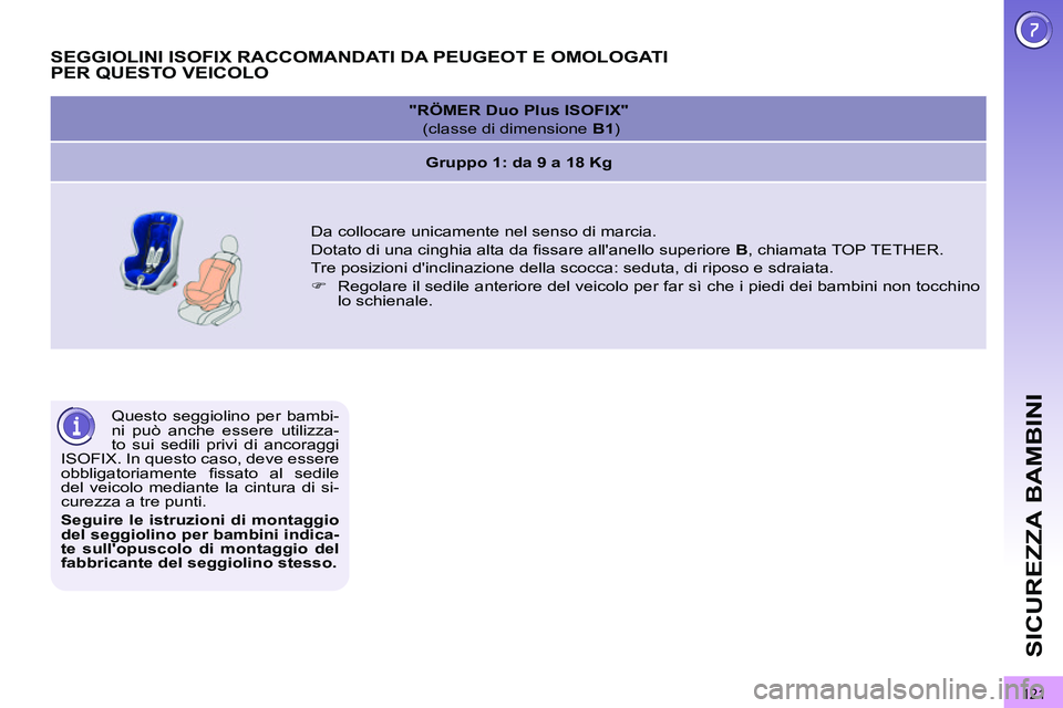 PEUGEOT 3008 2011.5  Manuale duso (in Italian) 121
SICUREZZA BAMBINI
  Questo seggiolino per bambi-
ni può anche essere utilizza-
to sui sedili privi di ancoraggi 
ISOFIX. In questo caso, deve essere 
obbligatoriamente ﬁ ssato al sedile 
del ve