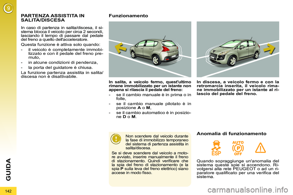 PEUGEOT 3008 2011.5  Manuale duso (in Italian) 142
GUIDA
   
 
 
 
 
PARTENZA ASSISTITA IN 
SALITA/DISCESA 
  In caso di partenza in salita/discesa, il si-
stema blocca il veicolo per circa 2 secondi, 
lasciando il tempo di passare dal pedale 
del