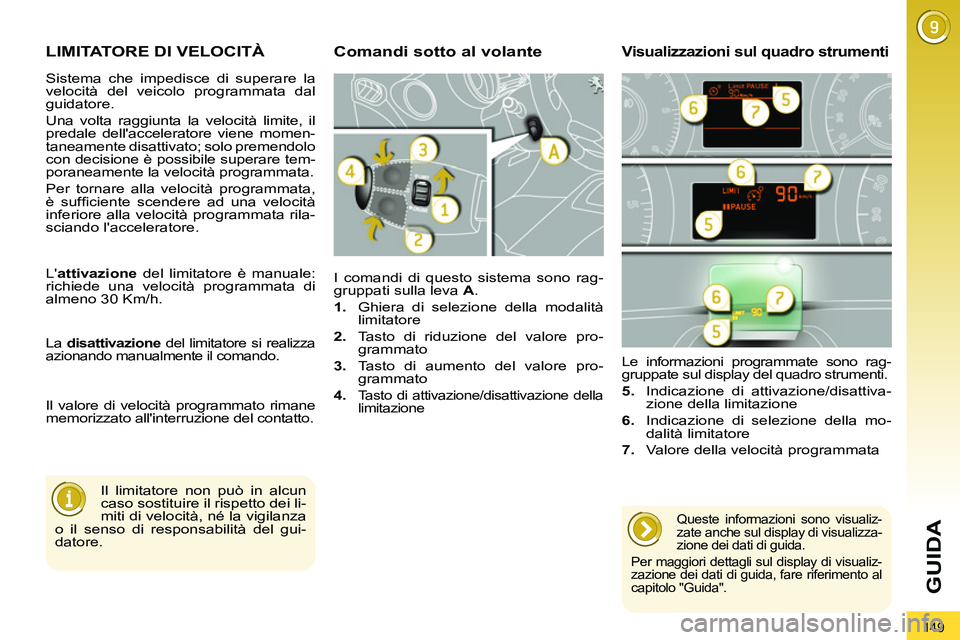 PEUGEOT 3008 2011.5  Manuale duso (in Italian) 149
GUIDA
   
 
 
 
 
LIMITATORE DI VELOCITÀ 
 
I comandi di questo sistema sono rag-
gruppati sulla leva  A 
. 
   
 
1. 
  Ghiera di selezione della modalità 
limitatore 
   
2. 
  Tasto di riduzi