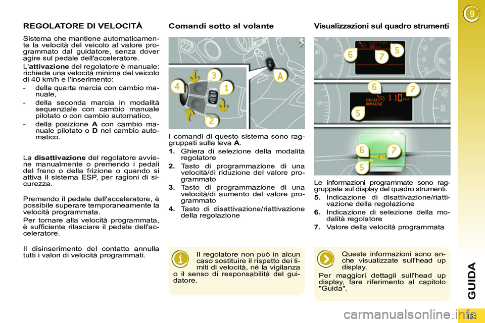 PEUGEOT 3008 2011.5  Manuale duso (in Italian) 151
GUIDA
   
 
 
 
 
REGOLATORE DI VELOCITÀ 
 
Sistema che mantiene automaticamen-
te la velocità del veicolo al valore pro-
grammato dal guidatore, senza dover 
agire sul pedale dellacceleratore.