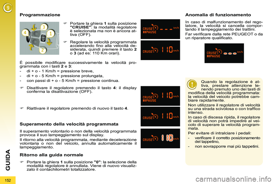PEUGEOT 3008 2011.5  Manuale duso (in Italian) 152
GUIDA
  Quando la regolazione è at-
tiva, prestare attenzione te-
nendo premuto uno dei tasti di 
modiﬁ ca della velocità programmata: 
la velocità del veicolo potrebbe cam-
biare rapidamente