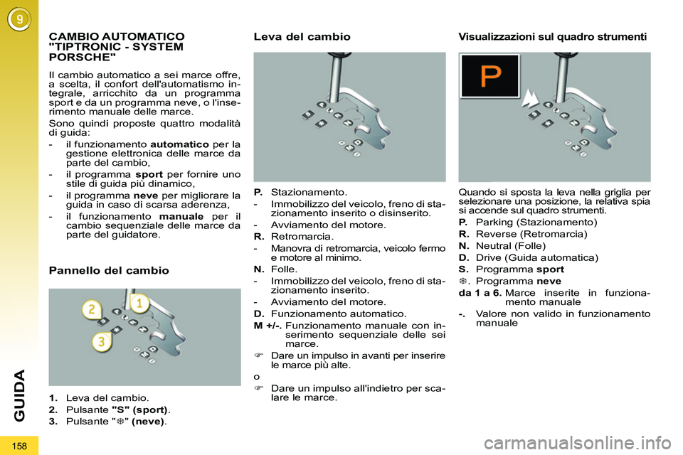 PEUGEOT 3008 2011.5  Manuale duso (in Italian) 158
GUIDA
   
 
 
 
 
 
 
 
 
 
 
 
 
 
CAMBIO AUTOMATICO 
"TIPTRONIC - SYSTEM 
PORSCHE" 
  Il cambio automatico a sei marce offre, 
a scelta, il confort dellautomatismo in-
tegrale, arricchito da un