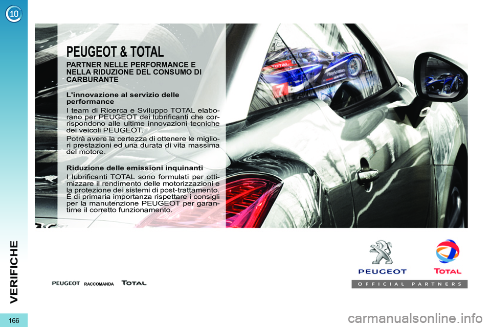 PEUGEOT 3008 2011.5  Manuale duso (in Italian) 166
VERIFICHE
  PEUGEOT & TOTAL 
 
 
PARTNER NELLE PERFORMANCE E 
NELLA RIDUZIONE DEL CONSUMO DI 
CARBURANTE 
   
Linnovazione al servizio delle 
performance 
  I team di Ricerca e Sviluppo TOTAL ela
