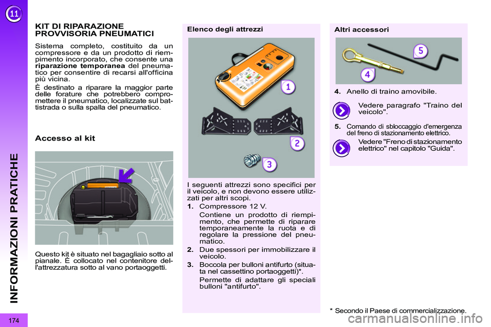 PEUGEOT 3008 2011.5 Manuale duso (in Italian) 174
INFORMAZIONI PRATICHE
KIT DI RIPARAZIONE
PROVVISORIA PNEUMATICI
Questo kit è situato nel bagagliaio sotto al
pianale. È collocato nel contenitore del-
l PEUGEOT 3008 2011.5 Manuale duso (in Italian) 174
INFORMAZIONI PRATICHE
KIT DI RIPARAZIONE
PROVVISORIA PNEUMATICI
Questo kit è situato nel bagagliaio sotto al
pianale. È collocato nel contenitore del-
l