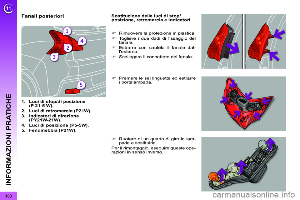 PEUGEOT 3008 2011.5  Manuale duso (in Italian) 188
INFORMAZIONI PRATICHE
   
 
 
 
 
 
 
 
 
 
 
 
 
 
 
 
 
 
 
 
 
 
 
 
 
 
Fanali posteriori 
 
 
 
1. 
  Luci di stop/di posizione 
(P 21 
 
- 
 
5 W). 
 
   
2. 
  Luci di retromarcia (P21W). 
