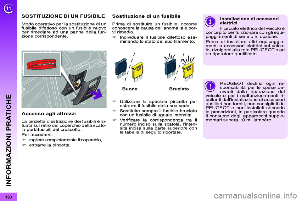 PEUGEOT 3008 2011.5 Manuale duso (in Italian) 190
INFORMAZIONI PRATICHE
SOSTITUZIONE DI UN FUSIBILE
Modo operativo per la sostituzione di un
fusibile difettoso con un fusibile nuovo
per rimediare ad PEUGEOT 3008 2011.5 Manuale duso (in Italian) 190
INFORMAZIONI PRATICHE
SOSTITUZIONE DI UN FUSIBILE
Modo operativo per la sostituzione di un
fusibile difettoso con un fusibile nuovo
per rimediare ad