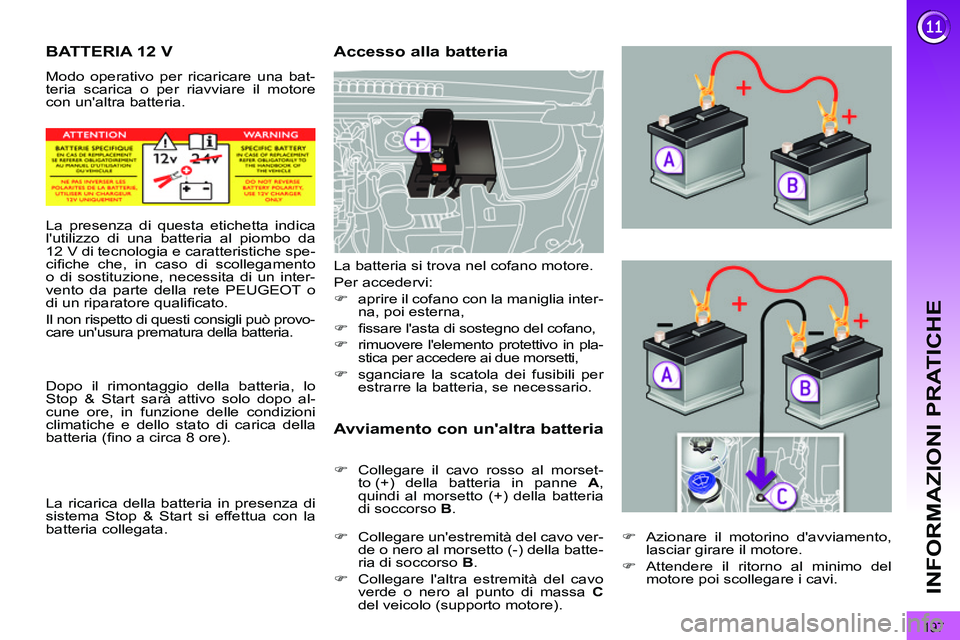 PEUGEOT 3008 2011.5  Manuale duso (in Italian) 197
INFORMAZIONI PRATICHE
   
 
 
 
 
 
 
 
 
 
 
BATTERIA 12 V 
 
Modo operativo per ricaricare una bat-
teria scarica o per riavviare il motore 
con unaltra batteria. 
   
Accesso alla batteria 
  