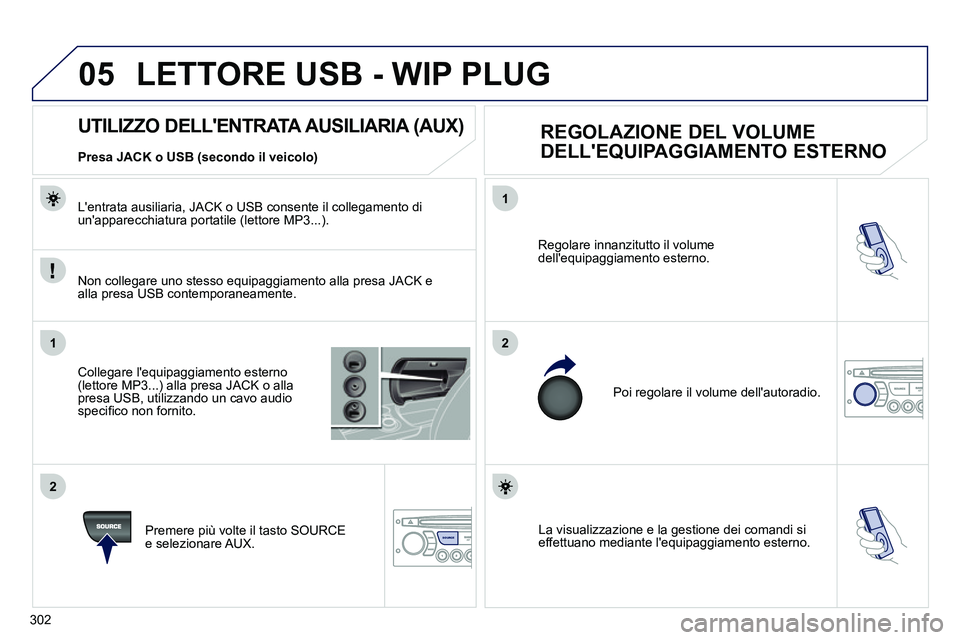 PEUGEOT 3008 2011.5  Manuale duso (in Italian) 302
05
1
21
2
SOURCESOURCE  La visualizzazione e la gestione dei comandi si 
effettuano mediante lequipaggiamento esterno.     Regolare innanzitutto il volume 
dellequipaggiamento esterno. 
  Poi re