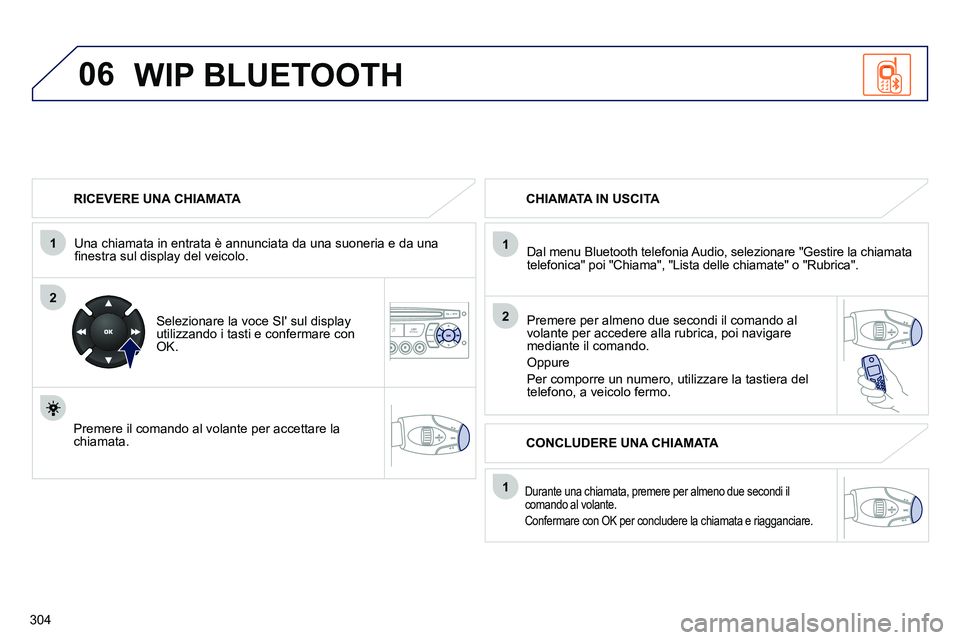 PEUGEOT 3008 2011.5  Manuale duso (in Italian) 304
06
1
2
1
2
1
OK
   
RICEVERE UNA CHIAMATA  
   
Una chiamata in entrata è annunciata da una suoneria e da una 
ﬁ nestra sul display del veicolo.  
   
Selezionare la voce SI sul display 
utili