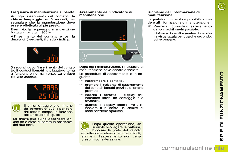 PEUGEOT 3008 2011.5  Manuale duso (in Italian) 39
SPIE DI FUNZIONAMENTO
  Dopo questa operazione, se 
si vuole scollegare la batteria, 
bloccare le porte del veicolo 
ed attendere almeno cinque minuti, 
altrimenti lazzeramento non verrà 
preso i