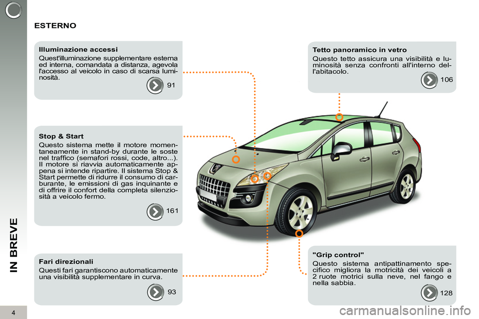 PEUGEOT 3008 2011.5 Manuale duso (in Italian) 4
IN BREVE
ESTERNO
"Grip control"
Questo sistema antipattinamento spe-
cifi co migliora la motricità dei veicoli a
2 ruote motrici sulla neve, nel fango e
nella sabbia.
Illuminazio PEUGEOT 3008 2011.5 Manuale duso (in Italian) 4
IN BREVE
ESTERNO
"Grip control"
Questo sistema antipattinamento spe-
cifi co migliora la motricità dei veicoli a
2 ruote motrici sulla neve, nel fango e
nella sabbia.
Illuminazio