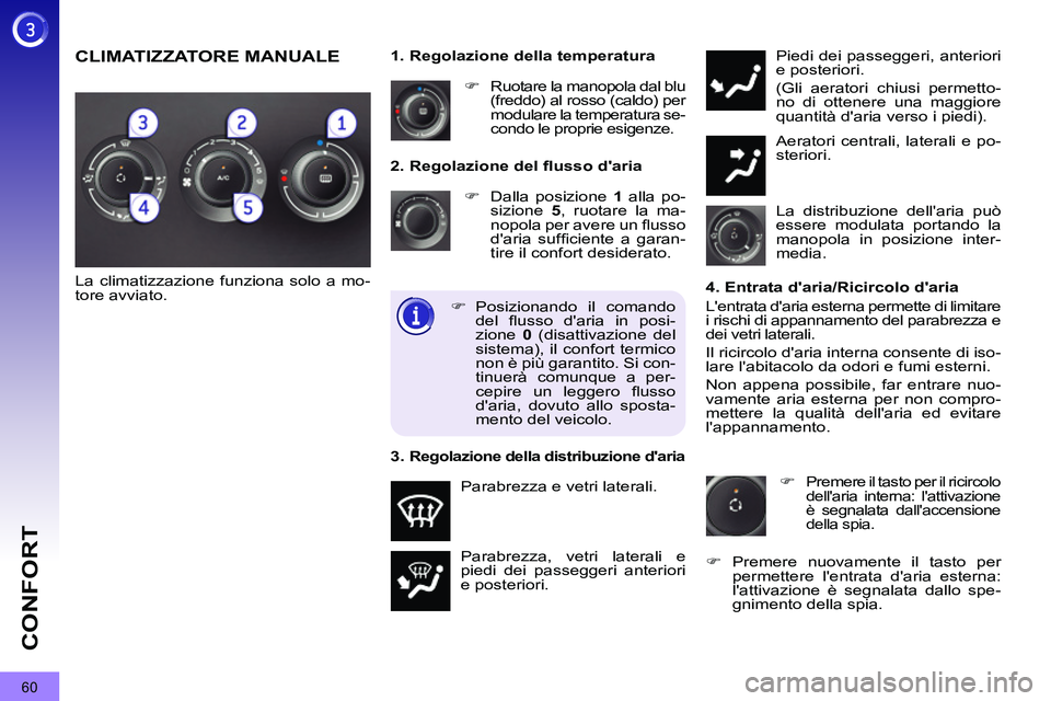PEUGEOT 3008 2011.5  Manuale duso (in Italian) 60
CONFORT
   
2. Regolazione del ﬂ usso daria 
   
 
�) 
  Dalla posizione  1 
 alla po-
sizione  5 
, ruotare la ma-
nopola per avere un ﬂ usso 
daria sufﬁ ciente a garan-
tire il confort de