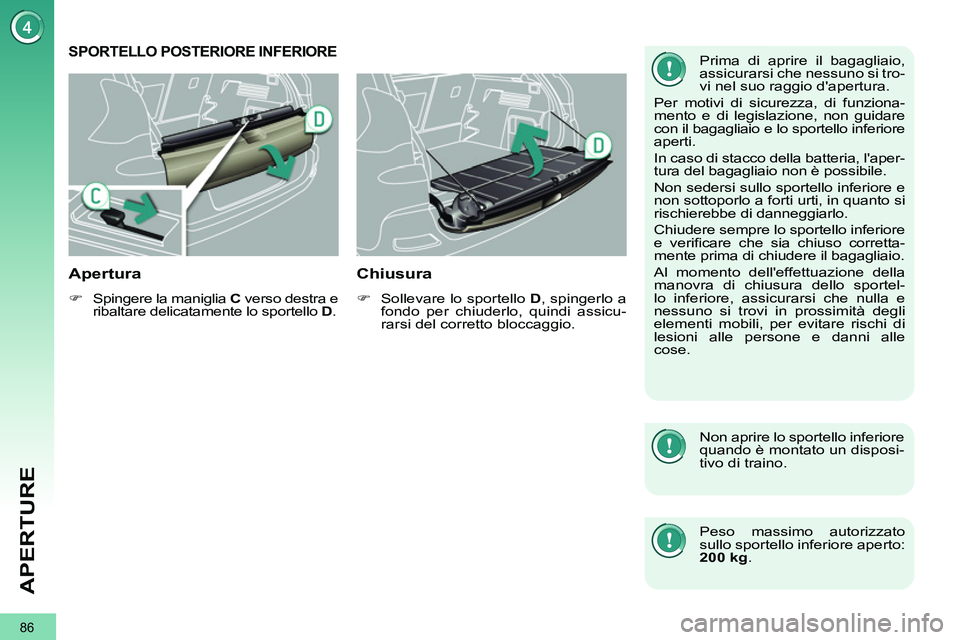 PEUGEOT 3008 2011.5  Manuale duso (in Italian) 86
APERTURE
   
 
 
 
 
 
 
 
 
 
 
SPORTELLO POSTERIORE INFERIORE 
 
 
Apertura 
 
 
 
�) 
  Spingere la maniglia  C  
verso destra e 
ribaltare delicatamente lo sportello  D 
.  
 
 
 
Chiusura 
 
 