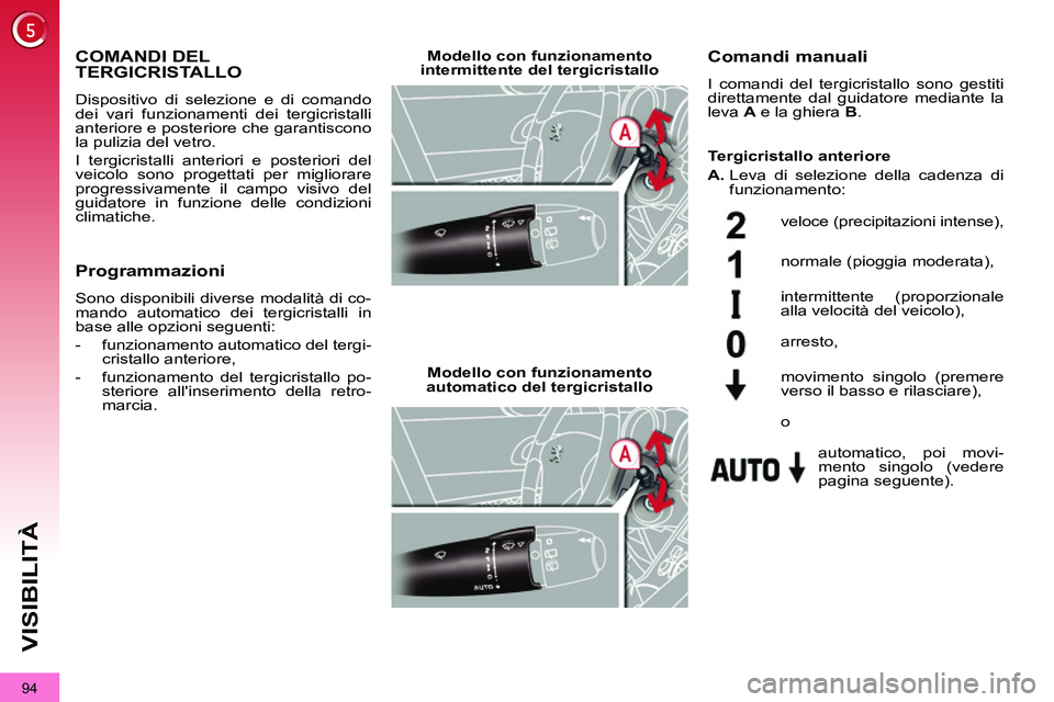 PEUGEOT 3008 2011.5  Manuale duso (in Italian) 94
VISIBILITÀ
   
 
 
 
 
 
 
 
COMANDI DEL 
TERGICRISTALLO 
  Dispositivo di selezione e di comando 
dei vari funzionamenti dei tergicristalli 
anteriore e posteriore che garantiscono 
la pulizia de