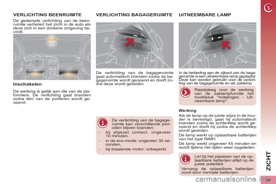 PEUGEOT 3008 2011.5  Instructieboekje (in Dutch) 99
ZI
C
  De verlichting van de bagage-
ruimte kan verschillende peri-
oden blijven branden:    De verlichting van de bagageruimte 
gaat automatisch branden zodra de ba-
gageruimte wordt geopend en do