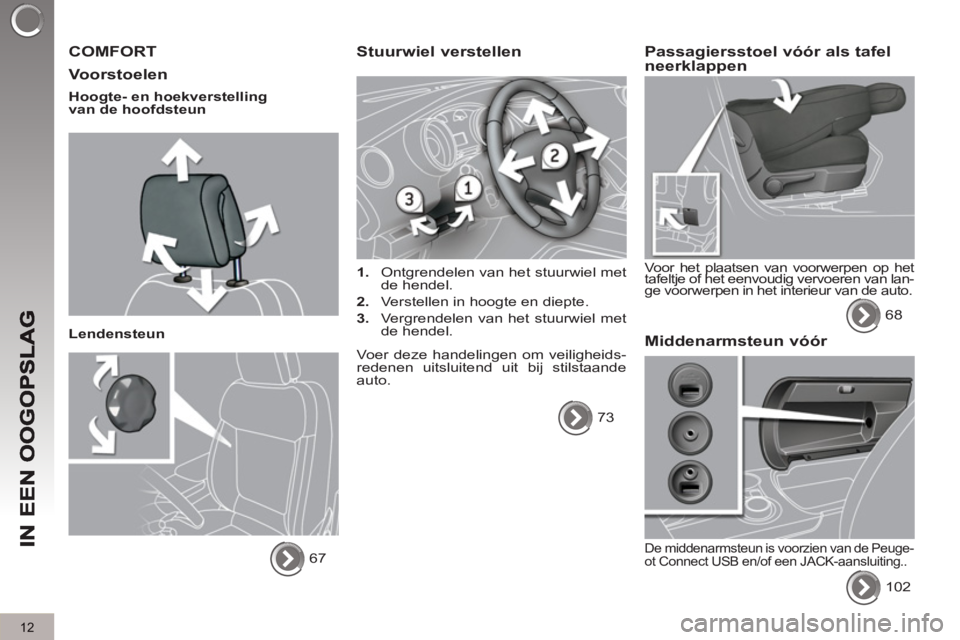 PEUGEOT 3008 2011.5 Instructieboekje (in Dutch) 12
COMFORT
Voorstoelen
Hoogte- en hoekverstelling
van de hoofdsteun
Lendensteun
67
Stuurwiel verstellen
1.
Ontgrendelen van het stuurwiel met
de hendel.
2.
PEUGEOT 3008 2011.5 Instructieboekje (in Dutch) 12
COMFORT
Voorstoelen
Hoogte- en hoekverstelling
van de hoofdsteun
Lendensteun
67
Stuurwiel verstellen
1.
Ontgrendelen van het stuurwiel met
de hendel.
2.