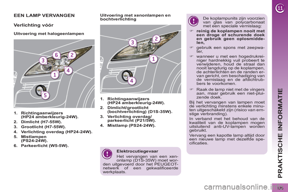 PEUGEOT 3008 2011.5  Instructieboekje (in Dutch) 185
PRAKTISCHE INFORMATIE
   
Elektrocutiegevaar 
  Het vervangen van een xen-
onlamp (D1S-35W) moet wor-
den uitgevoerd door het PEUGEOT-
netwerk of een gekwaliﬁ ceerde 
werkplaats.  
 
EEN LAMP VE