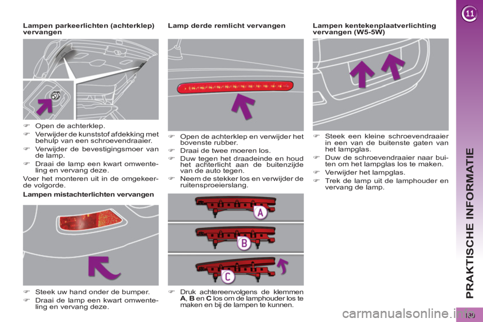 PEUGEOT 3008 2011.5  Instructieboekje (in Dutch) 189
PRAKTISCHE INFORMATIE
   
Lampen kentekenplaatverlichting 
vervangen (W5-5W)     
Lampen parkeerlichten (achterklep) 
vervangen 
   
 
 
 
 
 
 
 
 
 
 
 
 
 
 
 
 
 
Lampen mistachterlichten verv