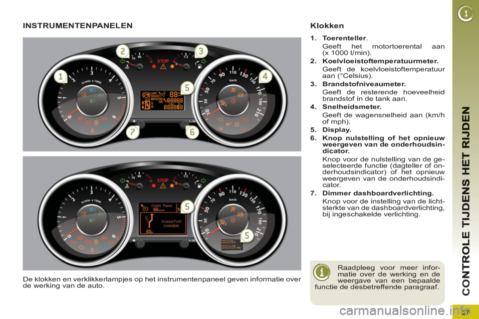 PEUGEOT 3008 2011.5  Instructieboekje (in Dutch) 27
CO
INSTRUMENTENPANELEN 
  De klokken en verklikkerlampjes op het instrumentenpaneel geven informatie over 
de werking van de auto. 
Klokken 
   
 
1. 
  Toerenteller 
 
 
.
  Geeft het motortoerent
