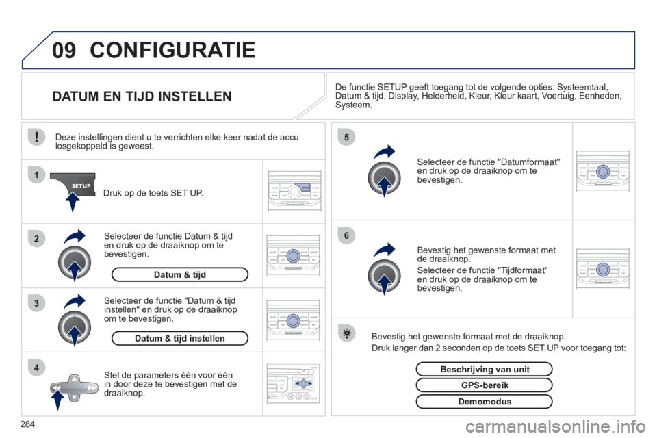 PEUGEOT 3008 2011.5  Instructieboekje (in Dutch) 284
09
4 3 2 1
65
CONFIGURATIE 
   
 
 
 
 
 
 
 
 
 
 
 
 
 
 
DATUM EN TIJD INSTELLEN De functie SETUP geeft toegang tot de volgende opties: Systeemtaal,
Datum & tijd, Display, Helderheid, Kleur, Kl