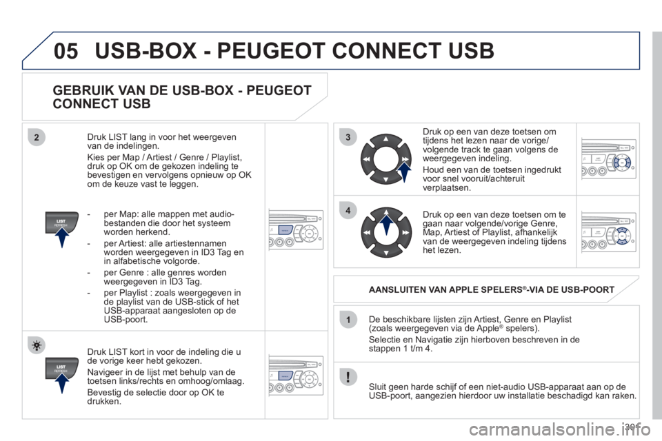 PEUGEOT 3008 2011.5  Instructieboekje (in Dutch) 301
3
4
05
2
1
REFRESH
REFRESH
   
GEBRUIK VAN DE USB-BOX - PEUGEOT 
CONNECT USB 
   
Druk LIST kort in voor de indeling die u de vorige keer hebt gekozen. 
  Navi
geer in de lijst met behulp van de 
