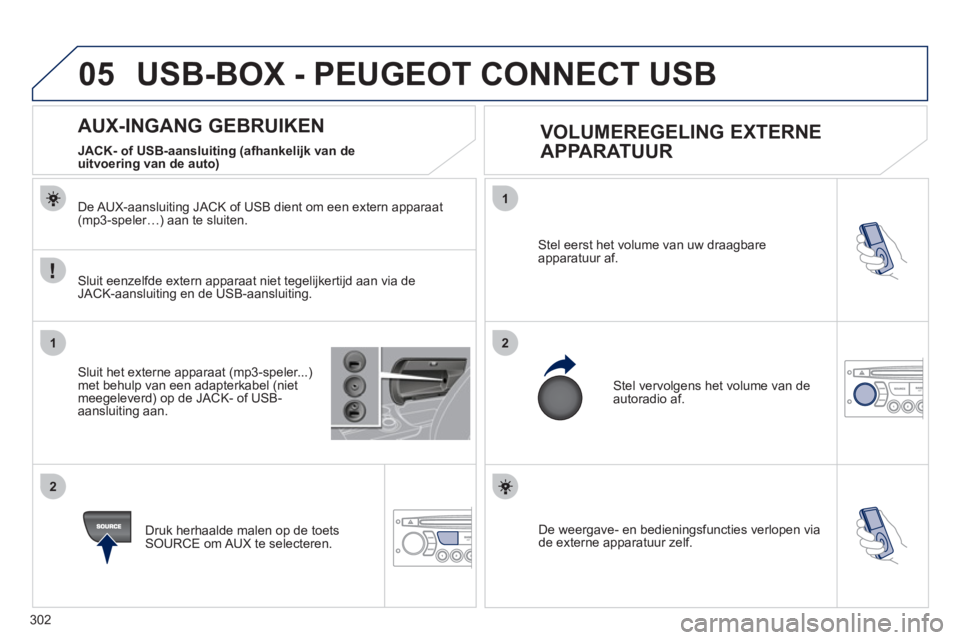 PEUGEOT 3008 2011.5  Instructieboekje (in Dutch) 302
05
1
21
2
  De weergave- en bedieningsfuncties verlopen via
de externe apparatuur zelf.
Stel eerst het volume van uw draagbare 
apparatuur af. 
 
Stel vervolgens het volume van deautoradio af.
   