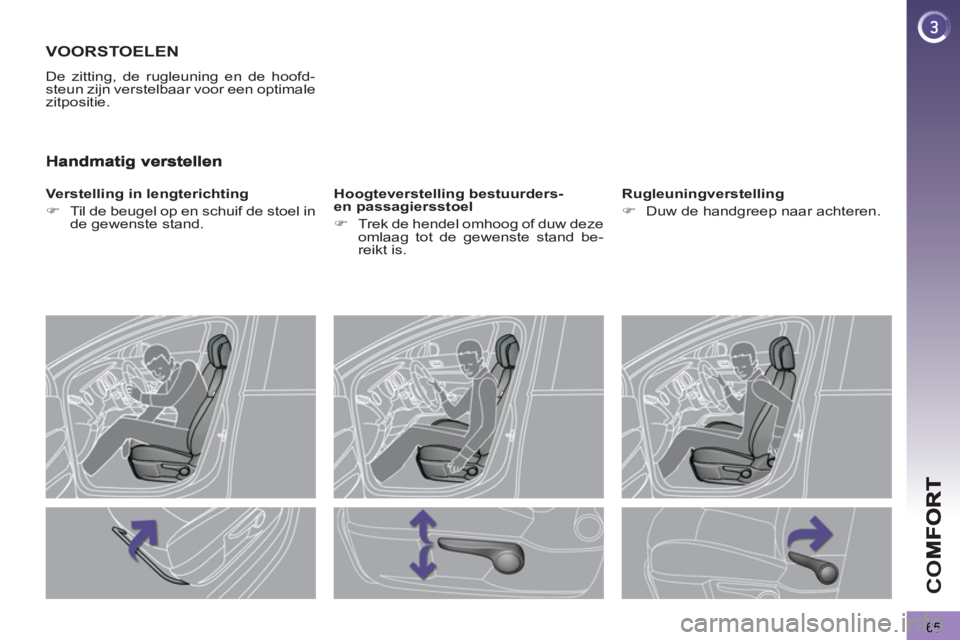 PEUGEOT 3008 2011.5  Instructieboekje (in Dutch) 65
CO
VOORSTOELEN 
  De zitting, de rugleuning en de hoofd-
steun zijn verstelbaar voor een optimale 
zitpositie. 
   
Verstelling in lengterichting 
   
 
�) 
  Til de beugel op en schuif de stoel in
