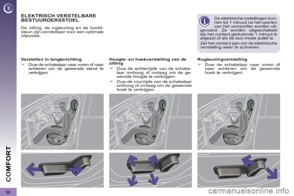 PEUGEOT 3008 2011.5  Instructieboekje (in Dutch) 66
CO
ELEKTRISCH VERSTELBARE
BESTUURDERSSTOEL
  De zitting, de rugleuning en de hoofd-
steun zijn verstelbaar voor een optimale 
zitpositie.  
   
Verstellen in lengterichting 
   
 
�) 
  Duw de scha