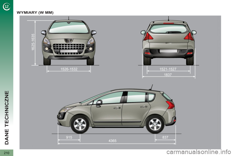 PEUGEOT 3008 2011.5 Instrukcja obsługi (in Polish) 210
DANE TECHNICZNE
WYMIARY (W MM) PEUGEOT 3008 2011.5 Instrukcja obsługi (in Polish) 210
DANE TECHNICZNE
WYMIARY (W MM)
