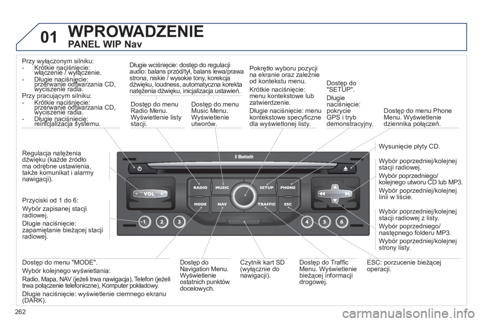 PEUGEOT 3008 2011.5 Instrukcja obsługi (in Polish) 262
01 WPROWADZENIE
PANEL WIP Nav
Przy wyłączonym silniku: - Krótkie naciśnięcie:włączenie / wyłączenie. ęę
- Długie naciśnięcie: przerwanie odtwarzania CD, gęgę
wyciszenie radi PEUGEOT 3008 2011.5 Instrukcja obsługi (in Polish) 262
01 WPROWADZENIE
PANEL WIP Nav
Przy wyłączonym silniku: - Krótkie naciśnięcie:włączenie / wyłączenie. ęę
- Długie naciśnięcie: przerwanie odtwarzania CD, gęgę
wyciszenie radi